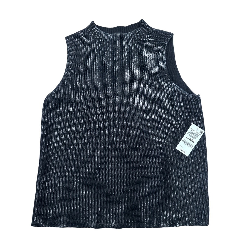 Bar III Flat lay sequin knit   Mock Neck Sleeveless Sweater Tank Black L NWT